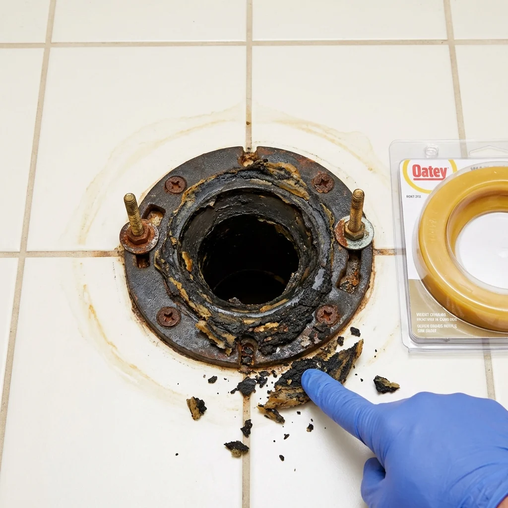 Failed wax ring showing water seepage at the base of a toilet in a Toledo, IL home