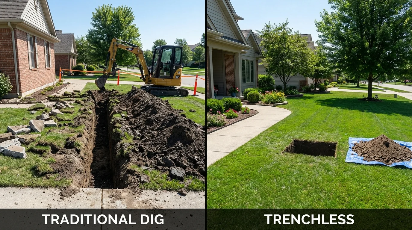 Trenchless sewer repair with minimal yard damage versus traditional excavation in Toledo, IL