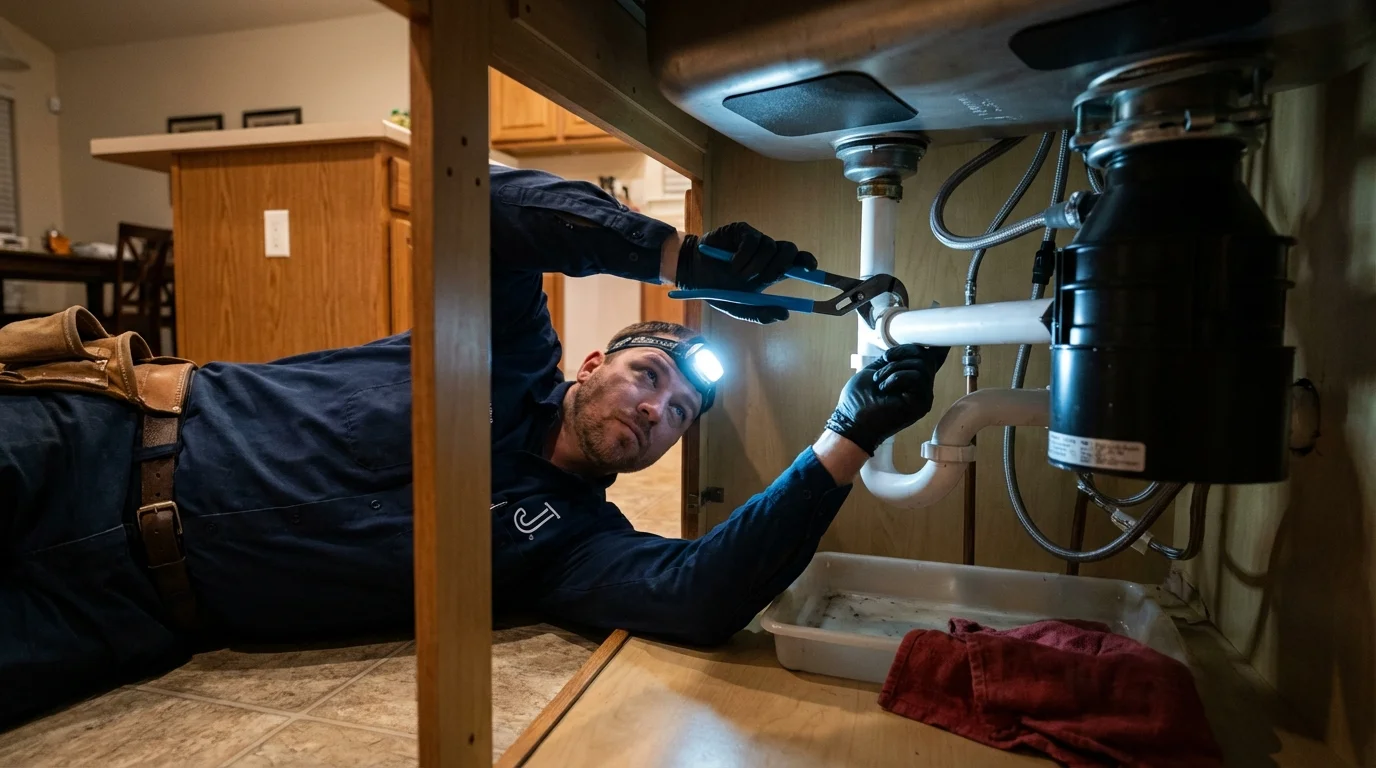 P-trap and supply line connections under a kitchen sink showing a common leak point in Toledo, IL